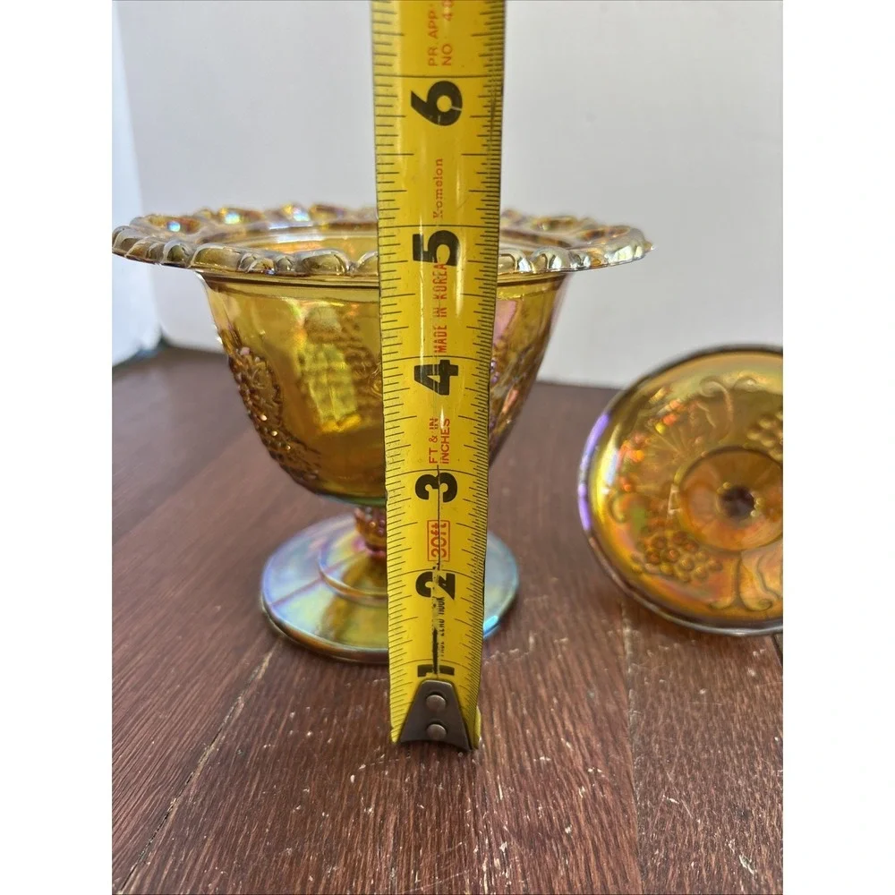 Vintage Indiana Glass Compote Candy Dish‎ w/Lid Harvest Carnival Iridescent Gold